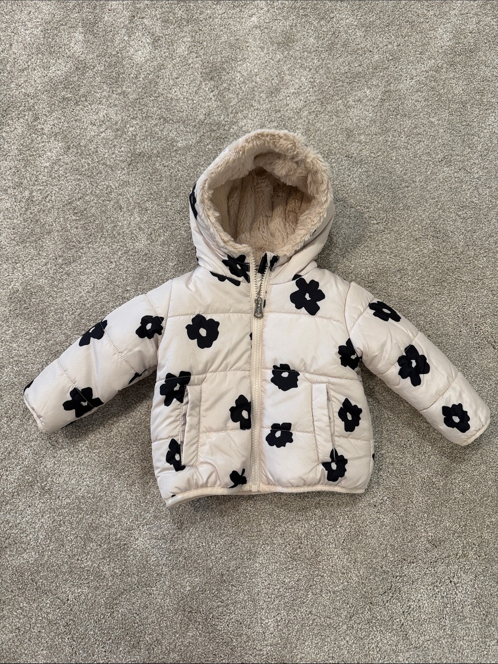 Jessica Simpson Cream Puffer Jacket with Black Floral Print
